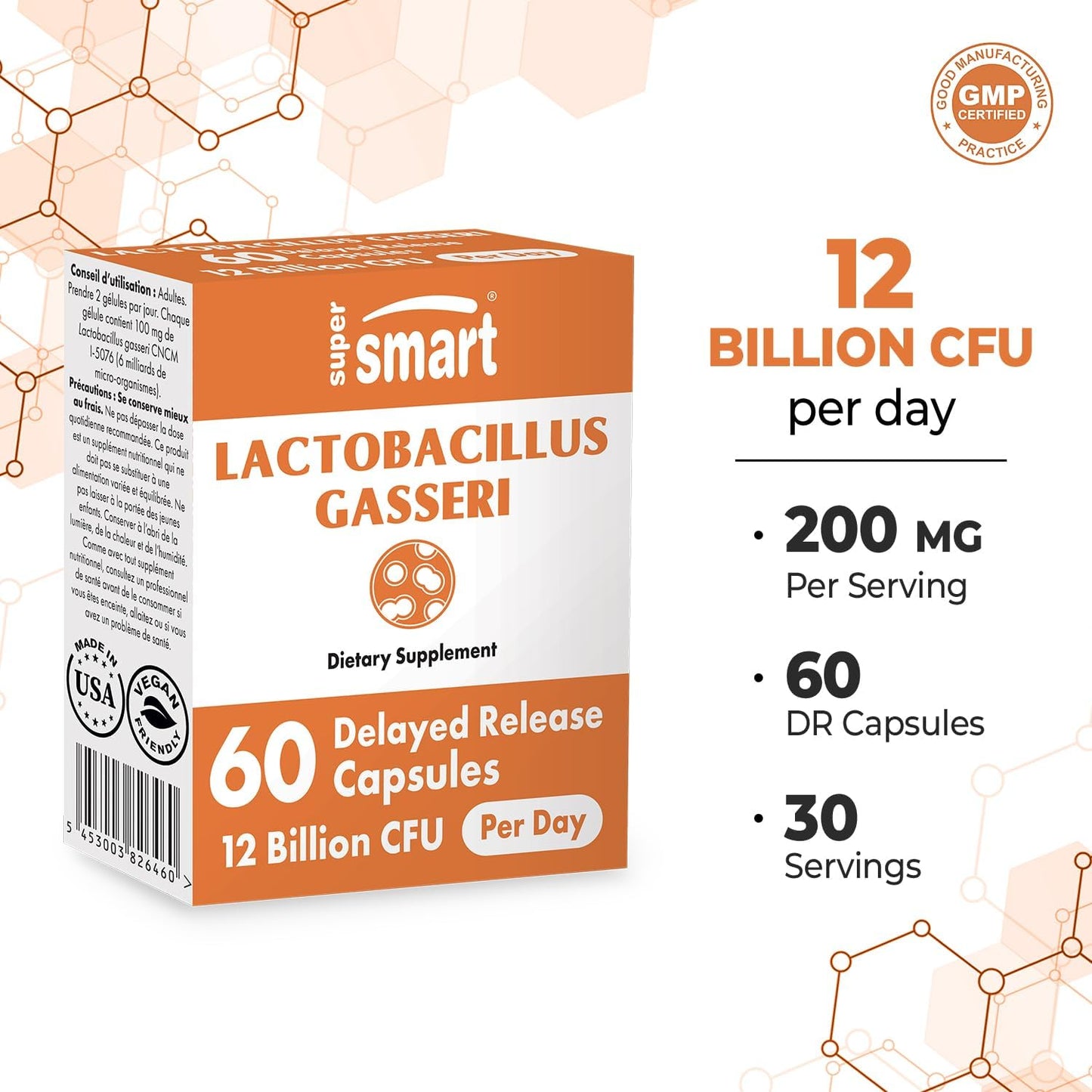 Supersmart Lactobacillus Gasseri Probiotic Supplement - 12 Billion CFU Daily - Non-GMO & Gluten-Free - 180 DR Capsules