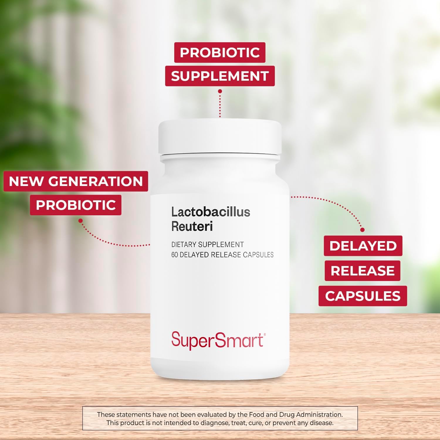 Supersmart Lactobacillus Reuteri Probiotic Supplement - 5 Billion CFU Daily - Non-GMO & Gluten Free - 180 DR Capsules