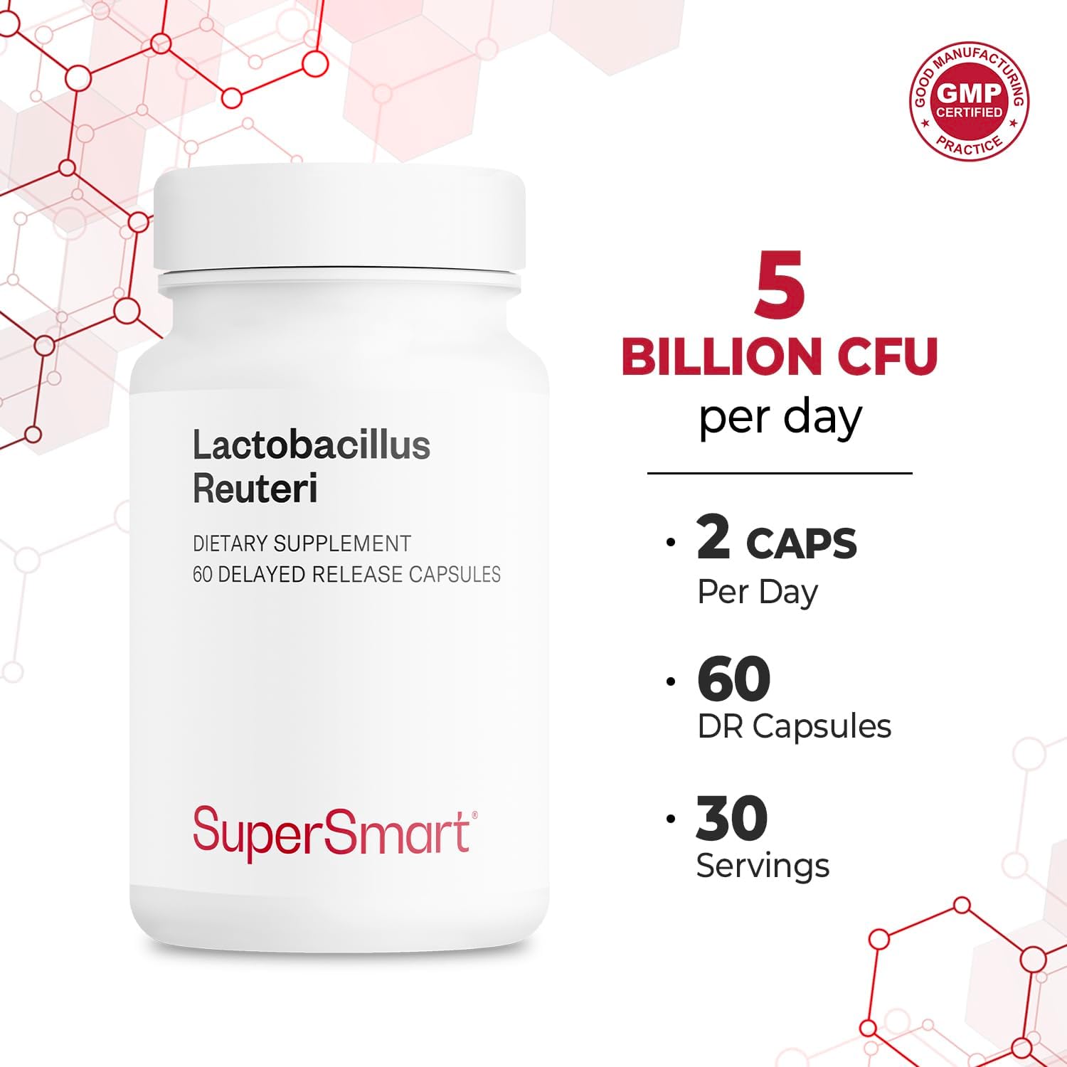 Supersmart Lactobacillus Reuteri Probiotic Supplement - 5 Billion CFU Daily - Non-GMO & Gluten Free - 180 DR Capsules