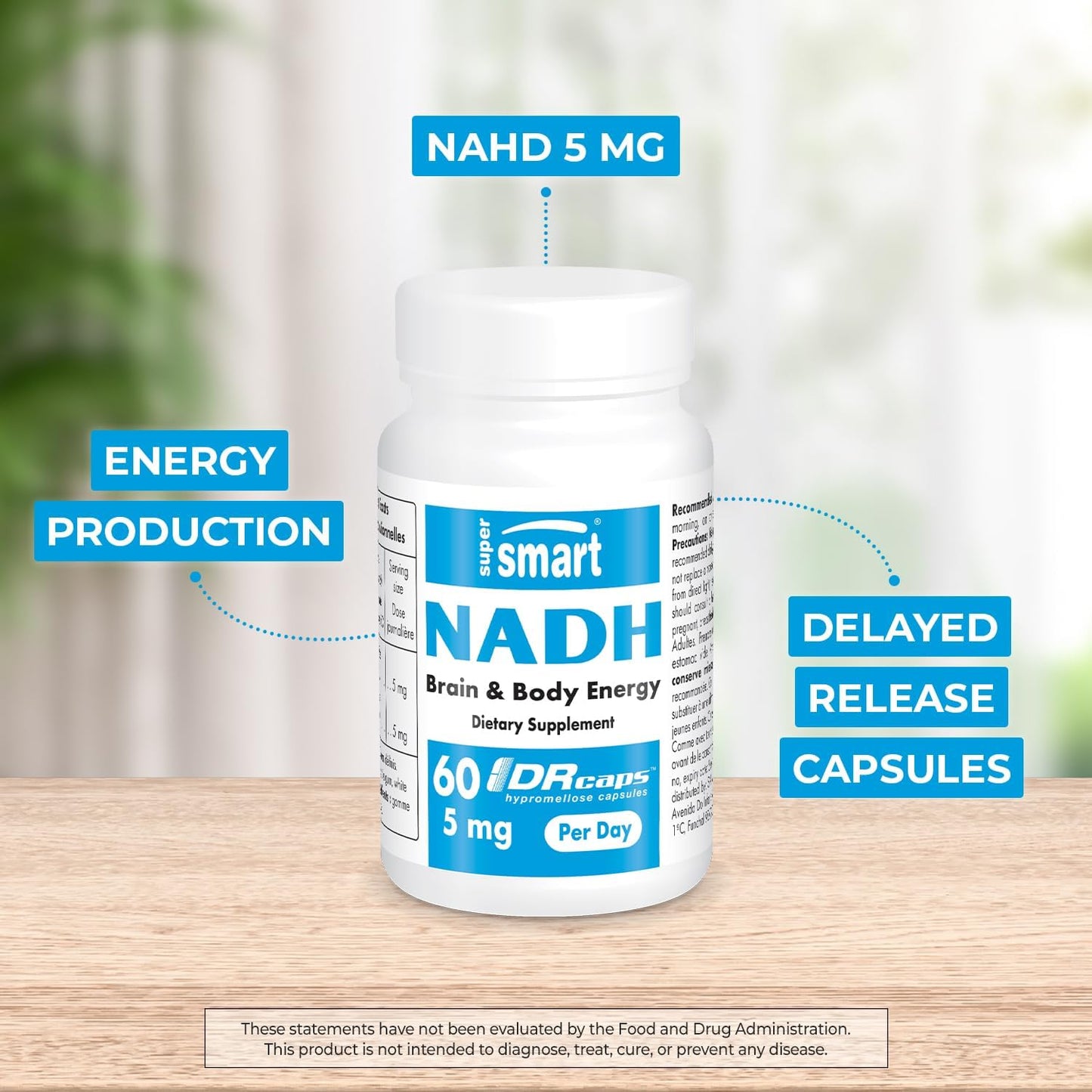 Supersmart NADH Supplement - 5mg Daily Energy Pills - 60 Delayed Release Capsules - Non-GMO & Gluten Free