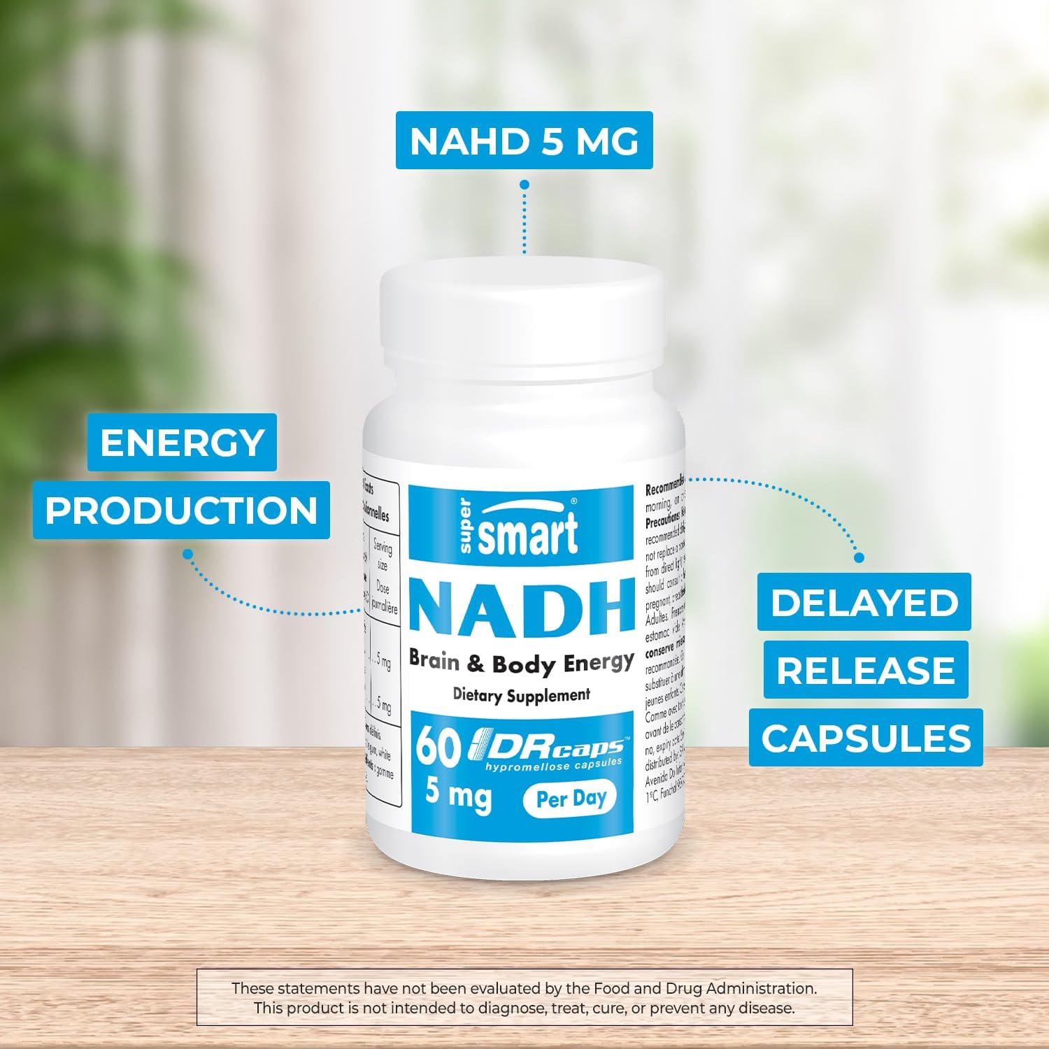 Supersmart NADH Supplement - 5mg Daily Energy Pills - 60 Delayed Release Capsules - Non-GMO & Gluten Free