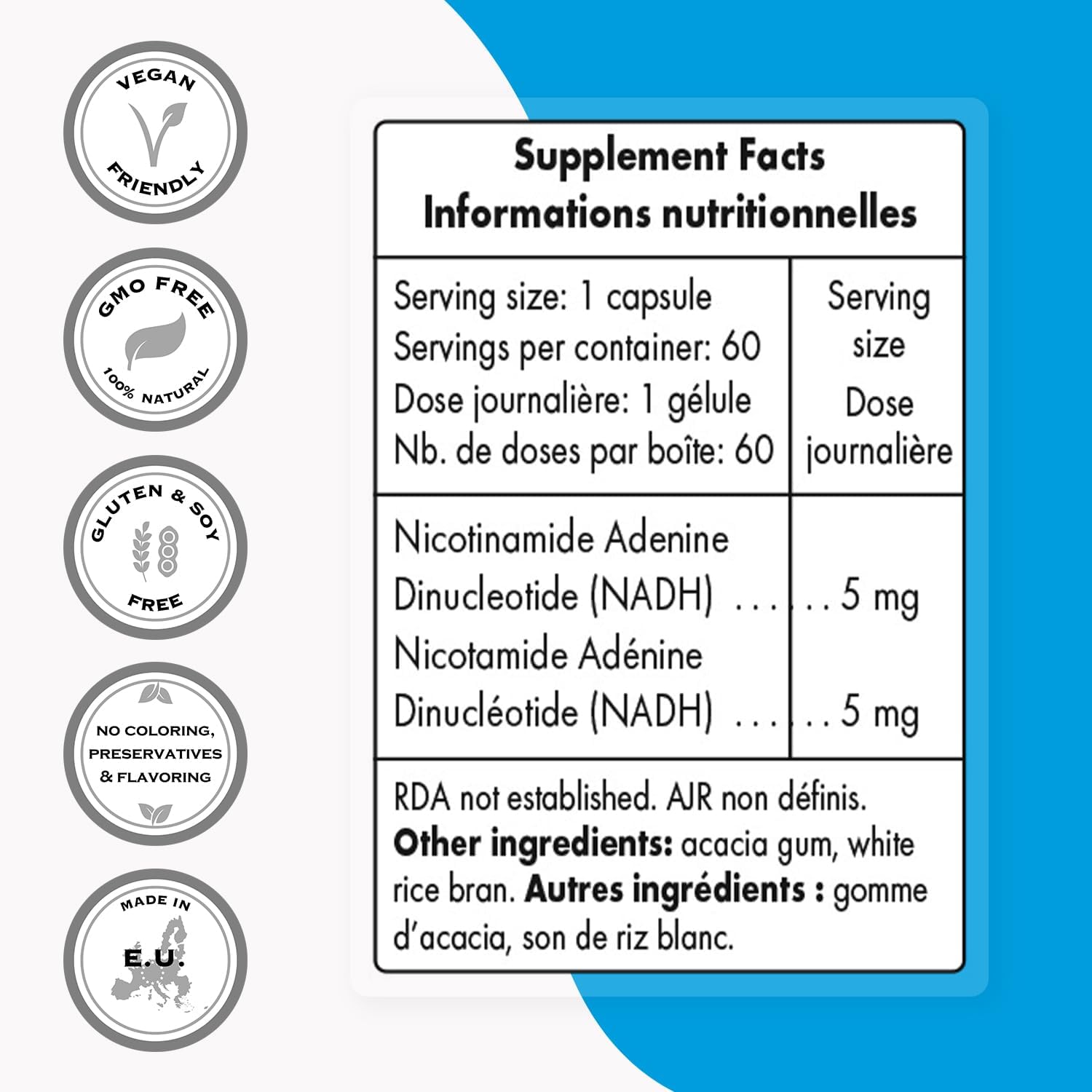 Supersmart NADH Supplement - 5mg Daily Energy Pills - 60 Delayed Release Capsules - Non-GMO & Gluten Free