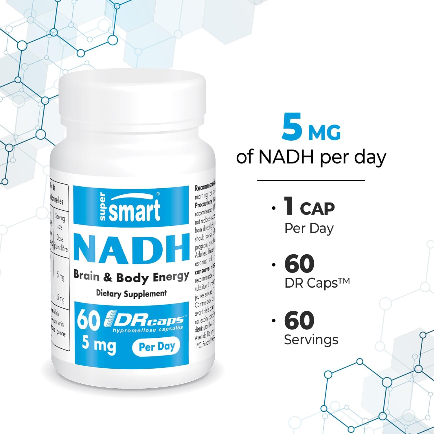 Supersmart NADH Supplement - 5mg Daily Energy Pills - 60 Delayed Release Capsules - Non-GMO & Gluten Free