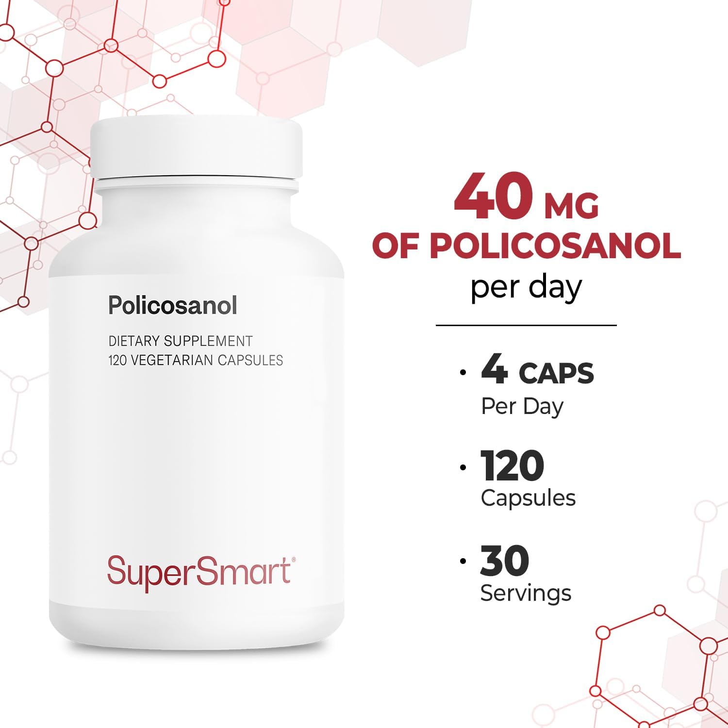 Supersmart Policosanol 10mg Capsules - Sugar Cane Extract for Healthy Lipid Metabolism - Non-GMO & Gluten Free - 120 Vegetarian Capsules