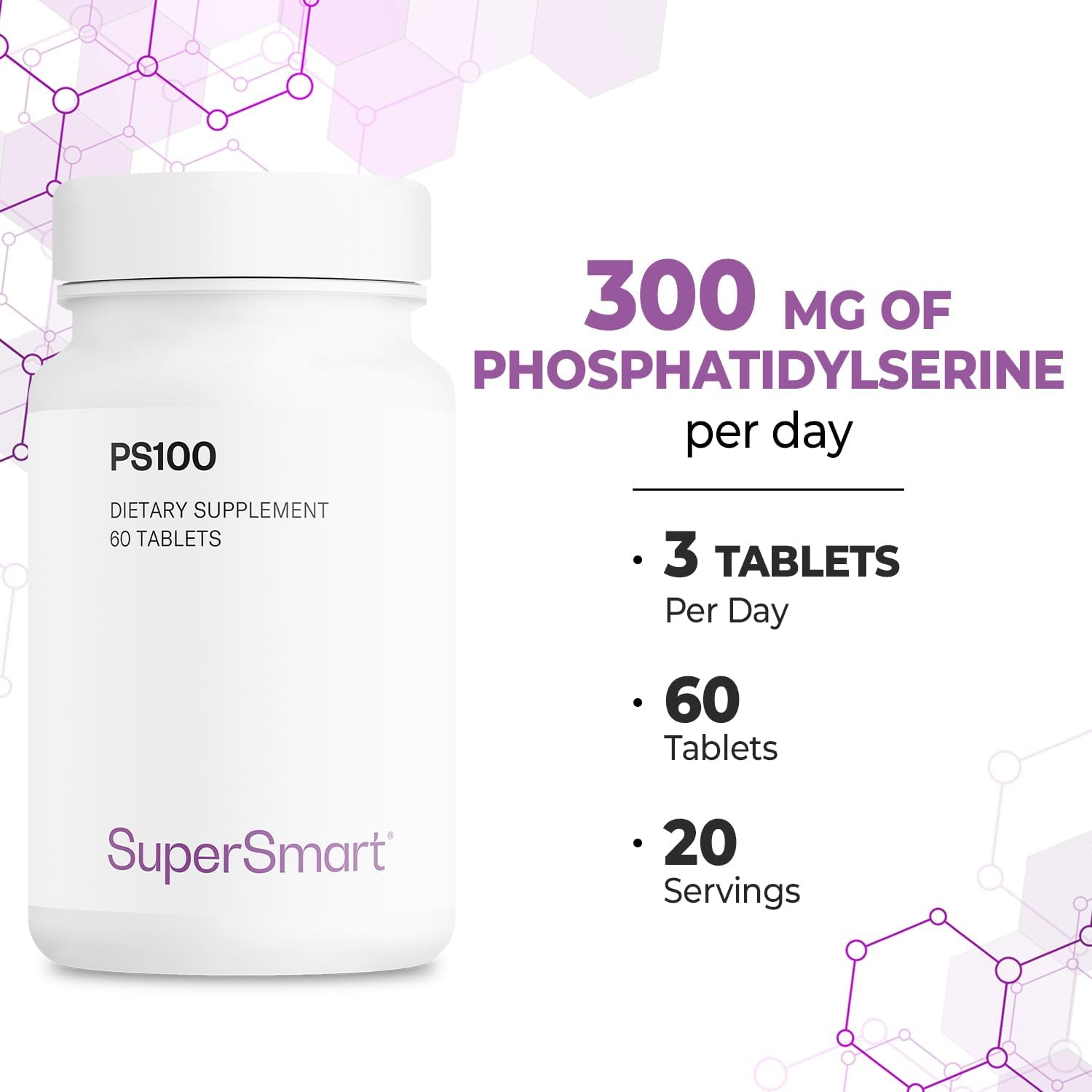 Supersmart PS100 Supplement 300mg Daily - Brain Health & Memory Support - Non-GMO, Gluten-Free - 60 Tablets
