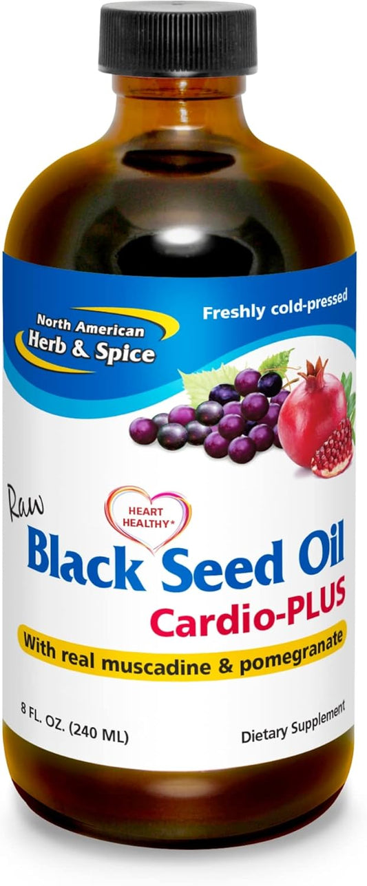 Support Heart Health with North American Herb & Spice Black Seed Oil Cardio-Plus - 8 fl oz - Non-GMO - 48 Servings - Muscadine & Pomegranate