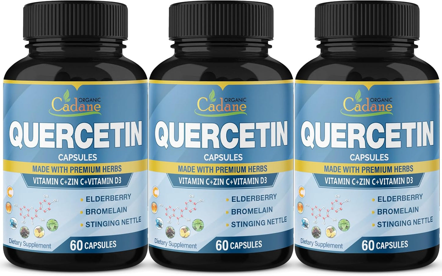 Support Immune System with Organic Cadane Quercetin Extract Capsules - 3 Packs, 60 Capsules Each - Enhanced with Elderberry, Bromelain, Ginger, Echinacea - 3 Month Supply