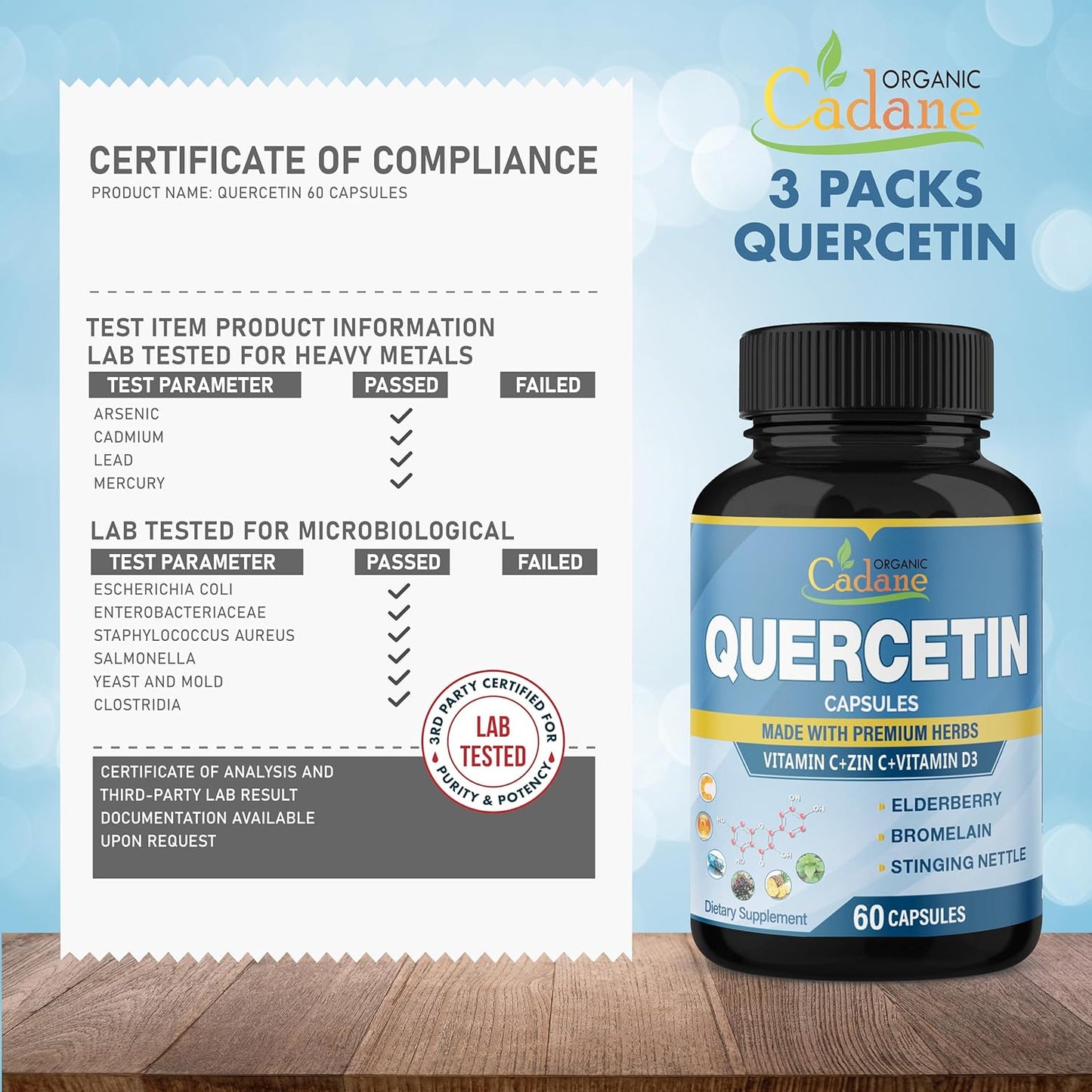 Support Immune System with Organic Cadane Quercetin Extract Capsules - 3 Packs, 60 Capsules Each - Enhanced with Elderberry, Bromelain, Ginger, Echinacea - 3 Month Supply