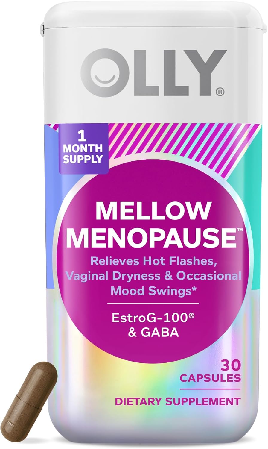 Support Menopausal Symptoms with OLLY Mellow Menopause Supplements - Estro-G100, GABA, Vegan Capsules - 30 Count