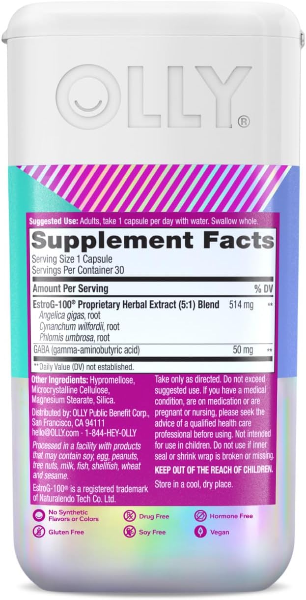 Support Menopausal Symptoms with OLLY Mellow Menopause Supplements - Estro-G100, GABA, Vegan Capsules - 30 Count