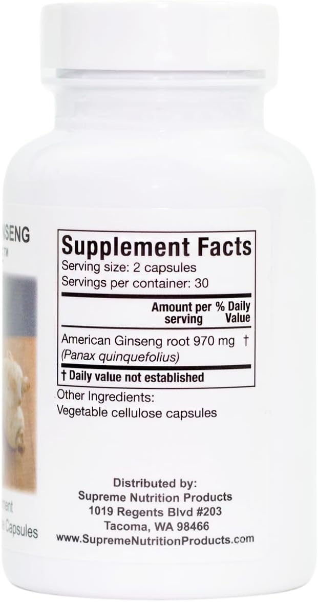Supreme Nutrition American Ginseng Capsules - 60 Vegetarian Capsules of Pure American Ginseng Root