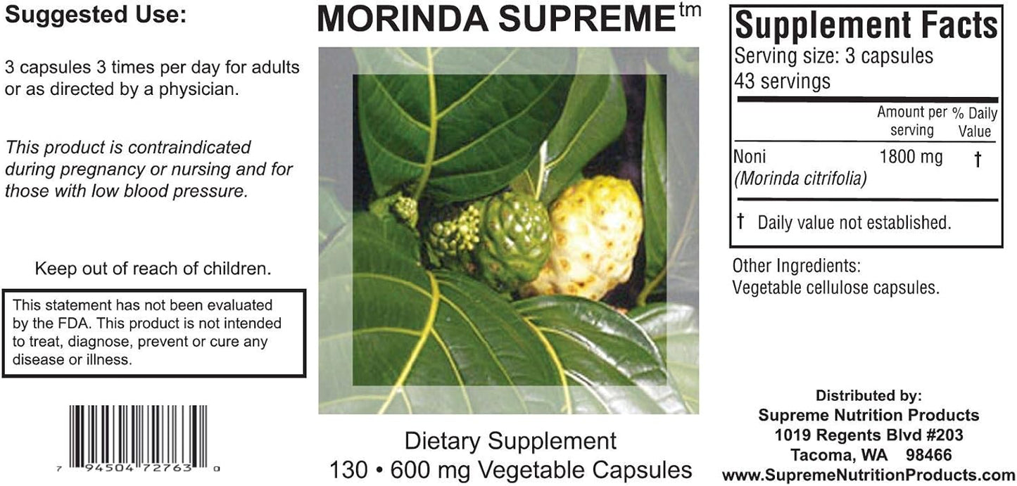 Supreme Nutrition Morinda: 390 Whole Noni Fruit Capsules (130 per bottle) - Vegetarian Friendly - Pack of 3
