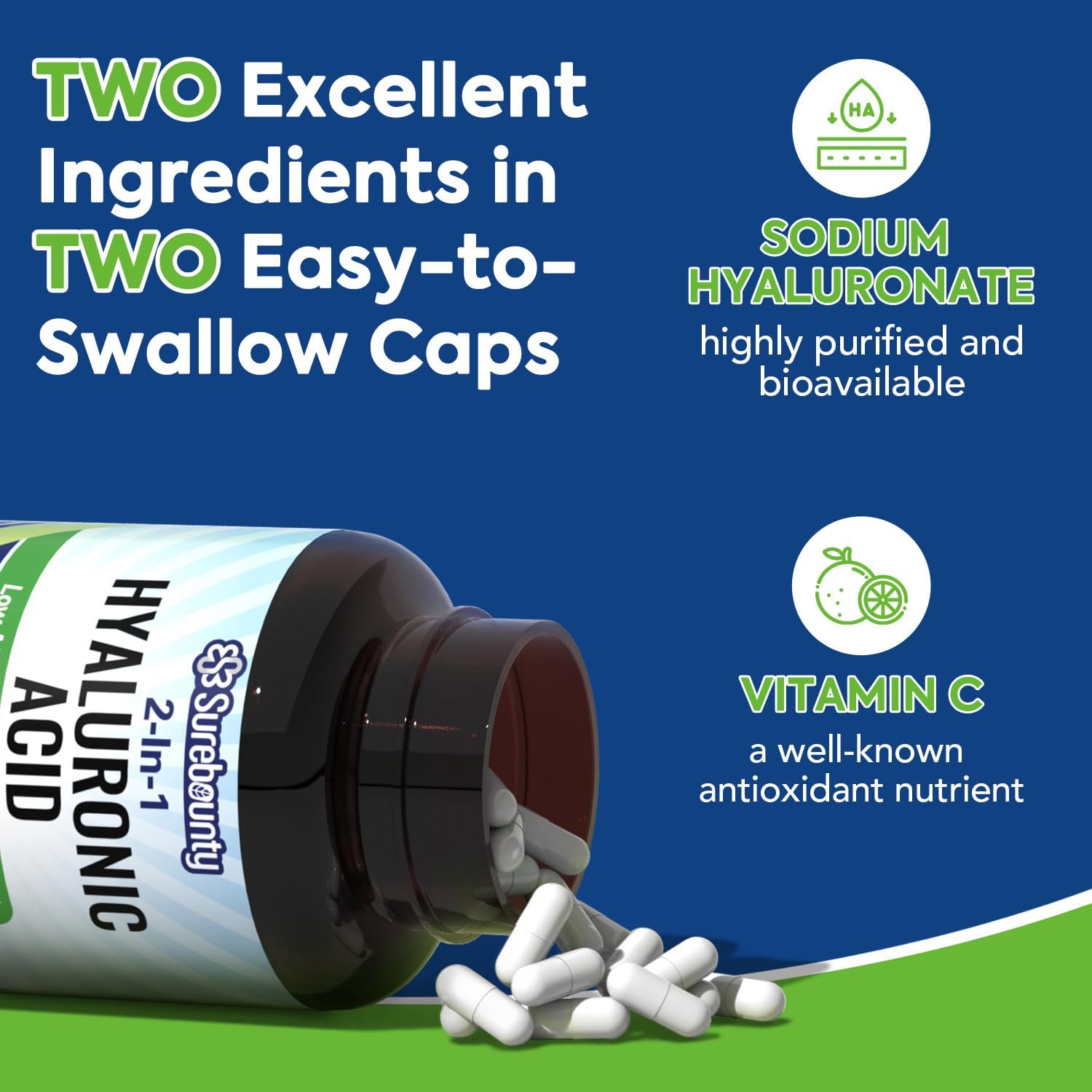 Surebounty Hyaluronic Acid Capsules with Vitamin C - Skin & Joint Hydration Supplement (60 Vegan Caps)