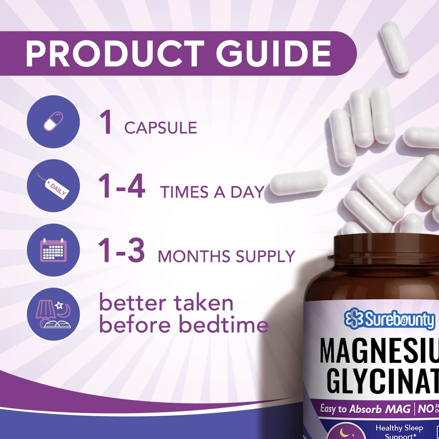 Surebounty Magnesium Glycinate Sleep Aid Supplement, 710mg Chelated Magnesium Glycinate, Easy-to-Swallow Capsules for Kids & Adults - 90 Count
