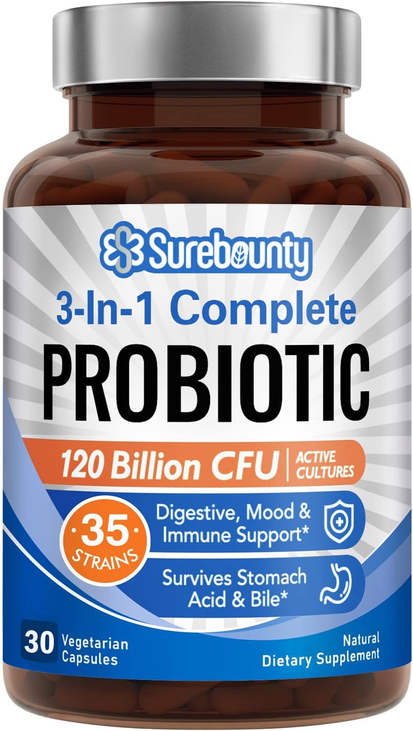 Surebounty Probiotics 120 Billion CFU for Men & Women - Prebiotics + Digestive Enzymes - 3-in-1 Complete Probiotic - 30 Capsules