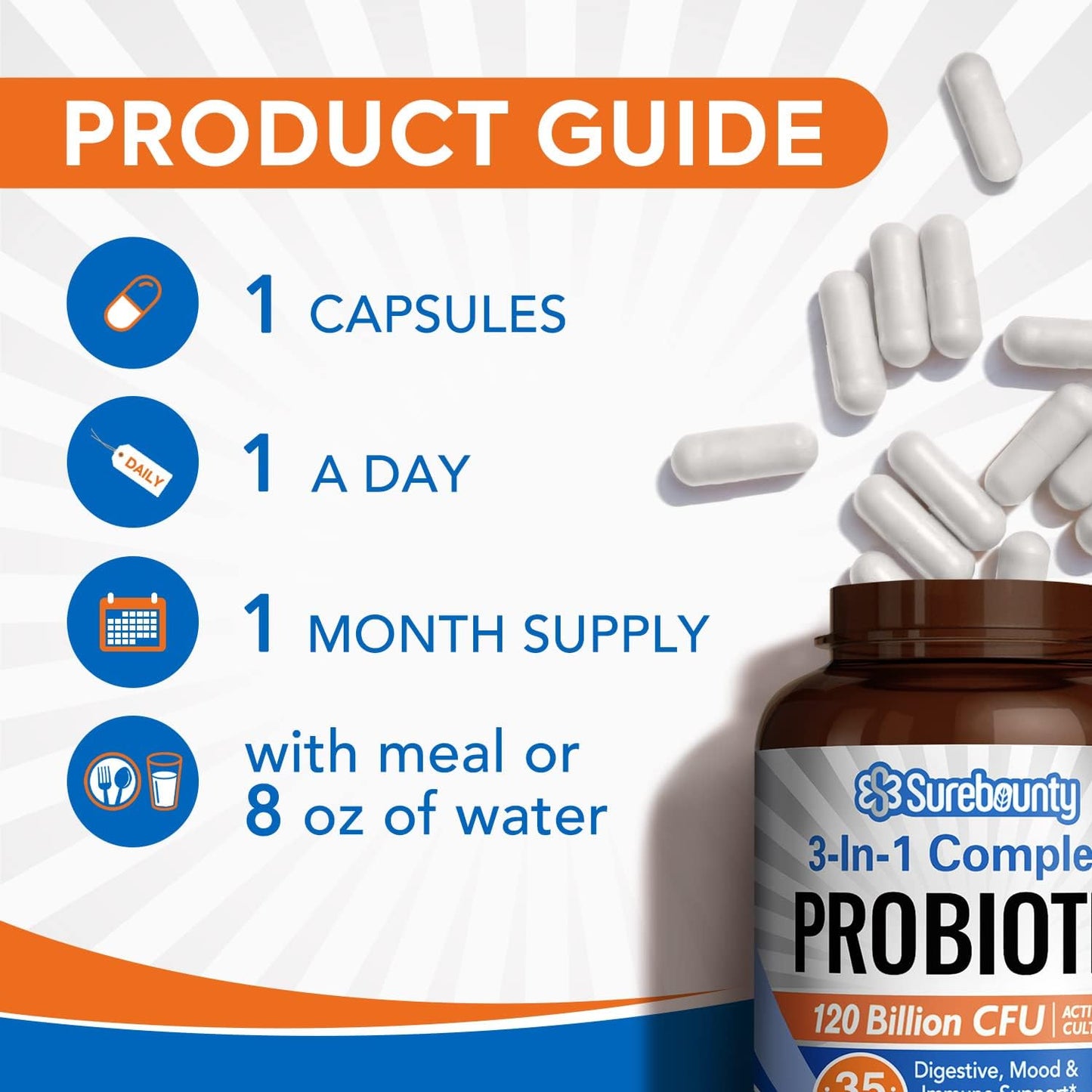 Surebounty Probiotics 120 Billion CFU for Men & Women - Prebiotics + Digestive Enzymes - 3-in-1 Complete Probiotic - 30 Capsules
