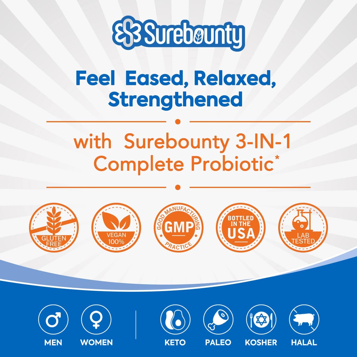 Surebounty Probiotics 120 Billion CFU for Men & Women - Prebiotics + Digestive Enzymes - 3-in-1 Complete Probiotic - 30 Capsules