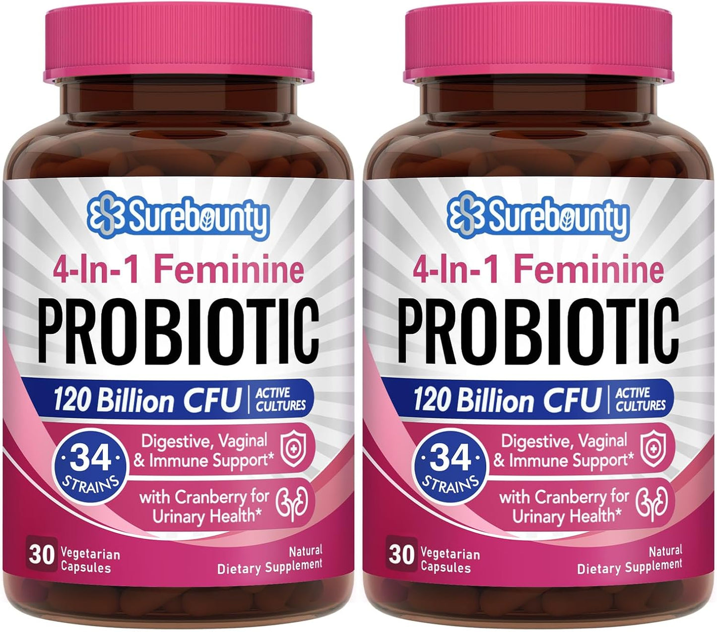 Surebounty Women's Probiotic Supplement - 120 Billion CFU, 34 Strains, Prebiotics, Digestive Enzymes, Cranberry - 4-in-1 Feminine Health Support - Immune Boost - 60ct x 2 Pack