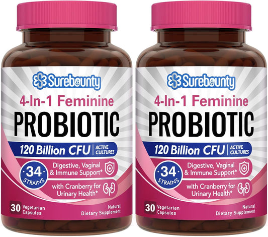 Surebounty Women's Probiotic Supplement - 120 Billion CFU, 34 Strains, Prebiotics, Digestive Enzymes, Cranberry - 4-in-1 Feminine Health Support - Immune Boost - 60ct x 2 Pack