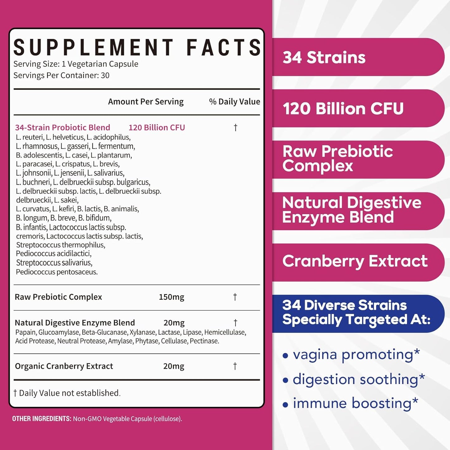 Surebounty Women's Probiotic Supplement - 120 Billion CFU, 34 Strains, Prebiotics, Digestive Enzymes, Cranberry - 4-in-1 Feminine Health Support - Immune Boost - 60ct x 2 Pack