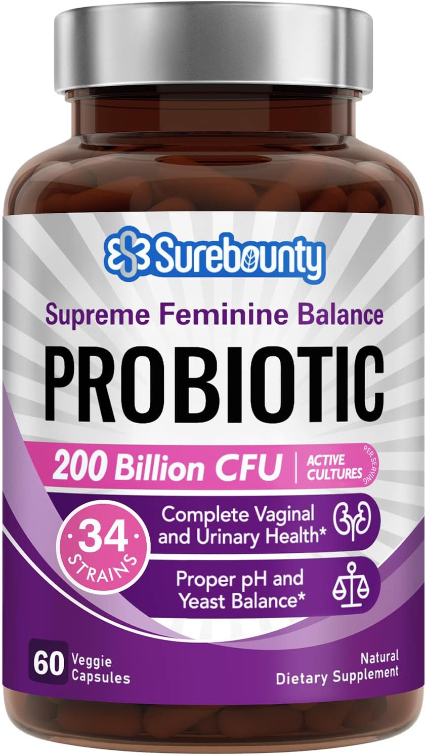 Surebounty Women's Probiotic with 200 Billion CFU, Prebiotics, Digestive Enzymes, and Cranberry for Vaginal & Urinary Tract Health - 60 Capsules
