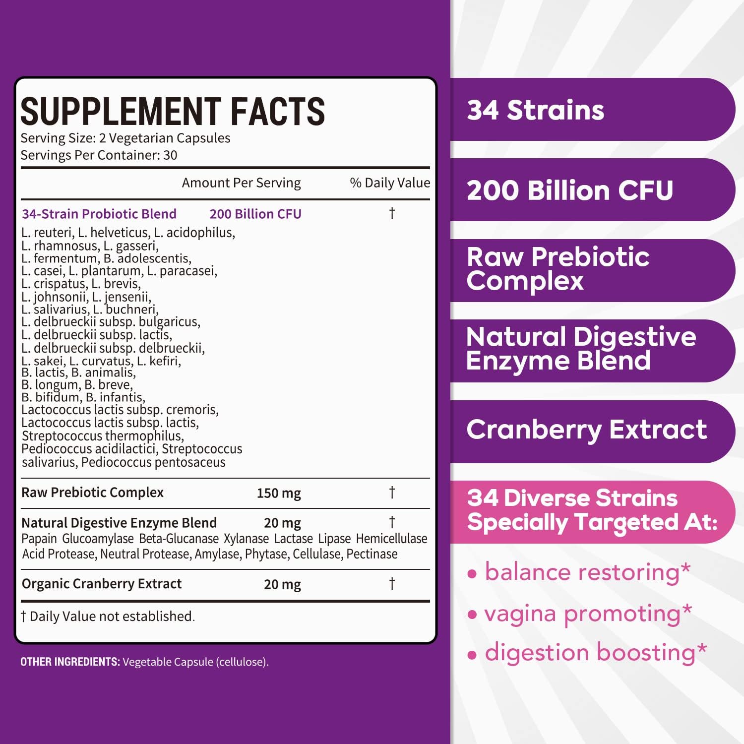 Surebounty Women's Probiotic with 200 Billion CFU, Prebiotics, Digestive Enzymes, and Cranberry for Vaginal & Urinary Tract Health - 60 Capsules