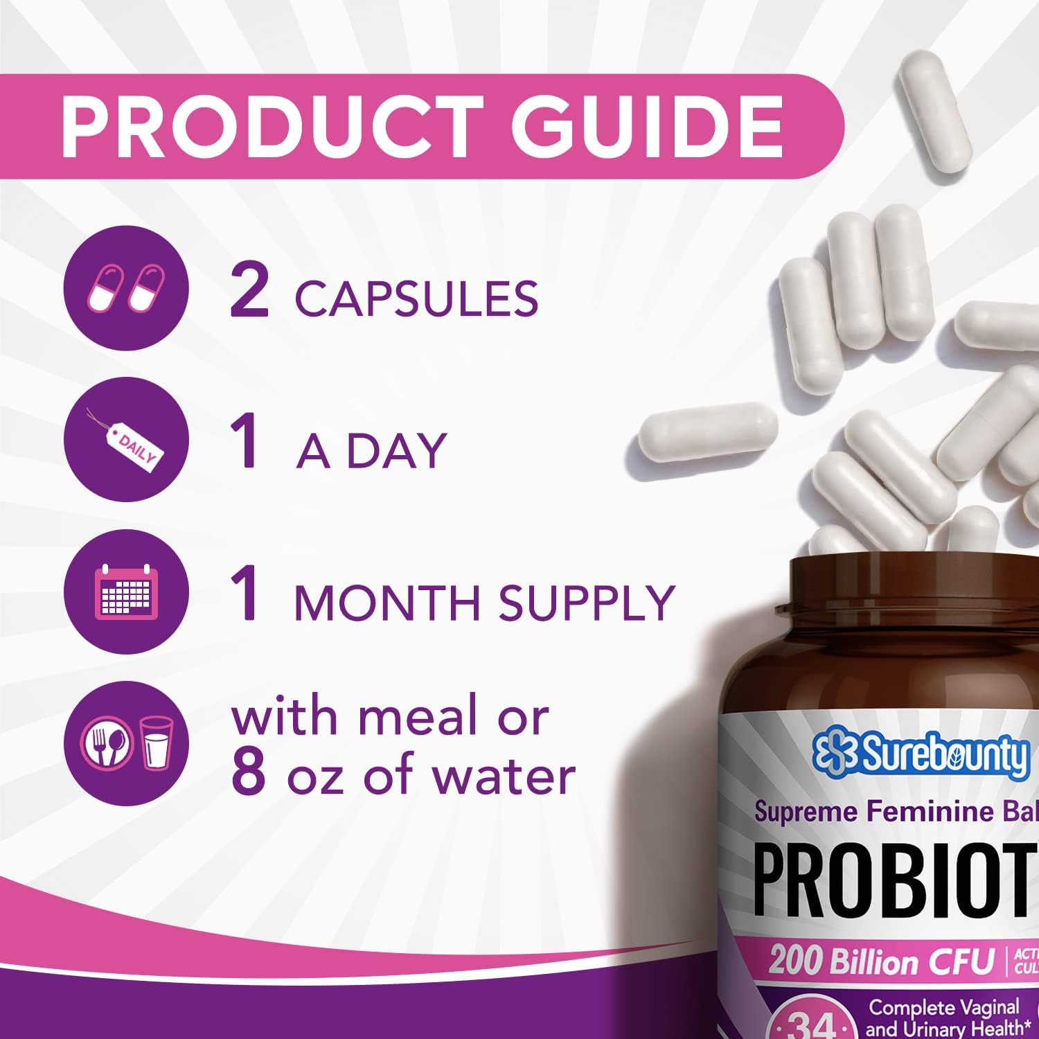 Surebounty Women's Probiotic with 200 Billion CFU, Prebiotics, Digestive Enzymes, and Cranberry for Vaginal & Urinary Tract Health - 60 Capsules