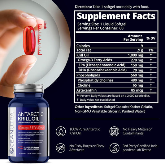 Sustainable Antarctic Krill Oil 1000MG Double Strength 120-Day Supply with Astaxanthin, Omega-3 EPA DHA for Heart Brain Joints Skin, 56% Phospholipids, Third-Party Tested - No Fish Oil