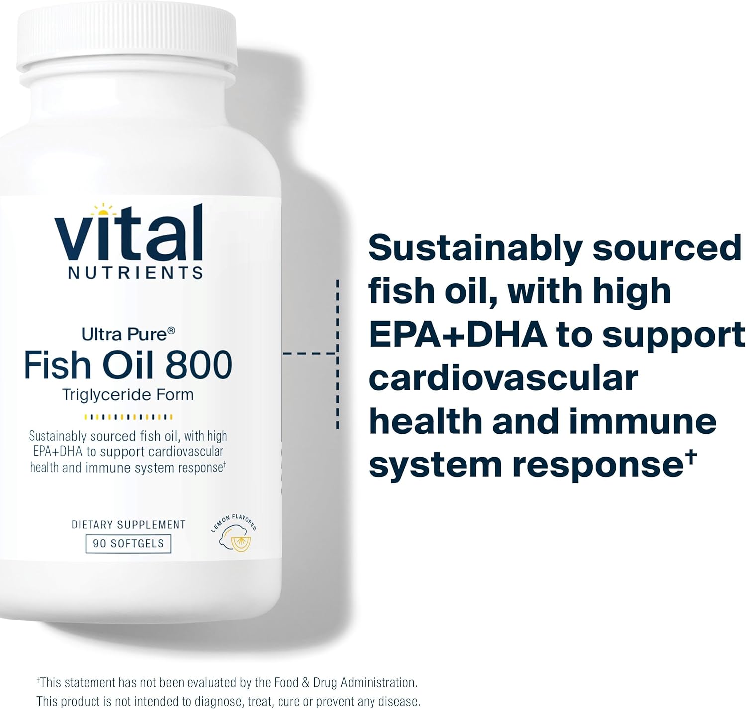 Sustainably Sourced Ultra Pure Fish Oil 800 Triglyceride Form with High EPA & DHA Omega-3 for Heart, Brain, & Immune Health - Lemon Flavor - 90 Count - Gluten, Dairy, Soy Free