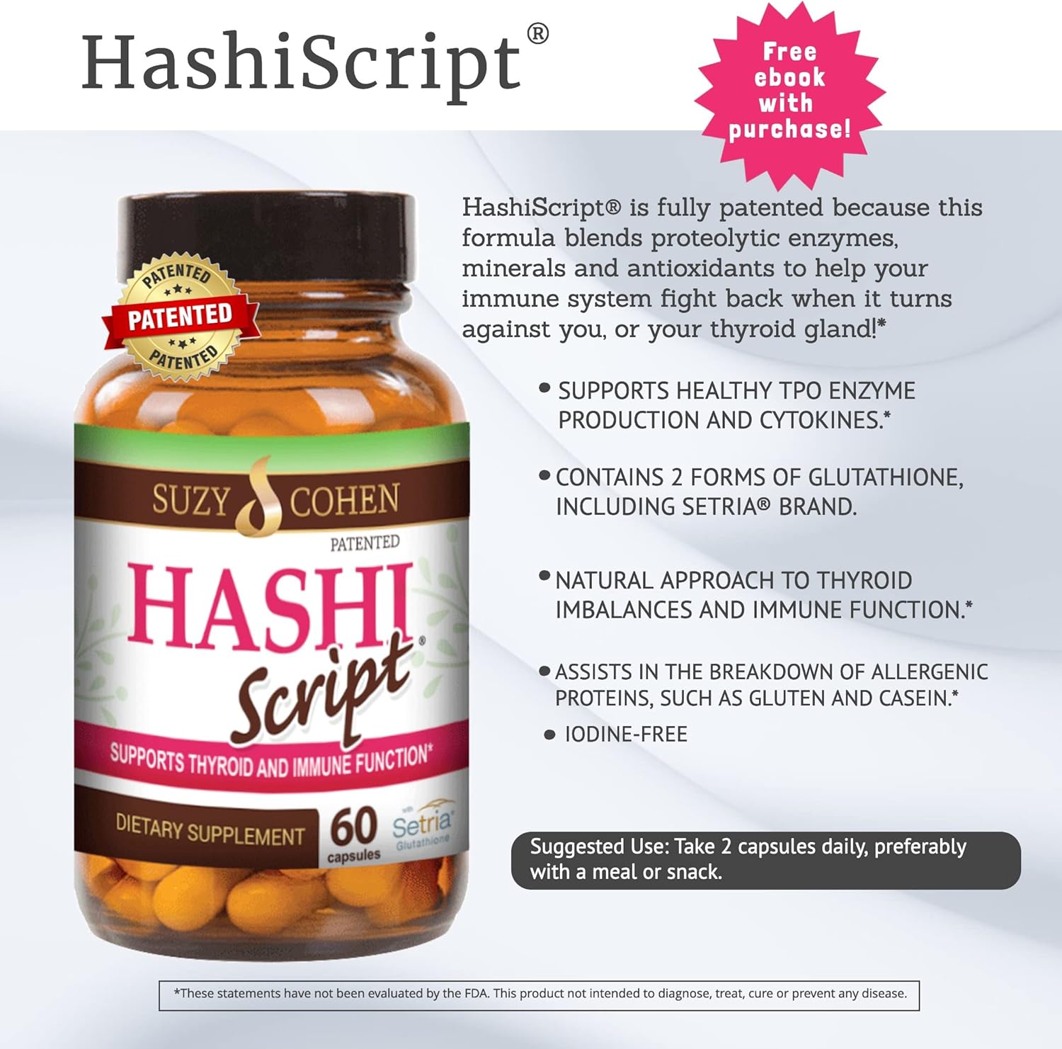 Suzy Cohen HashiScript Thyroid & Immune Support Formula with Catalase & Glutathione