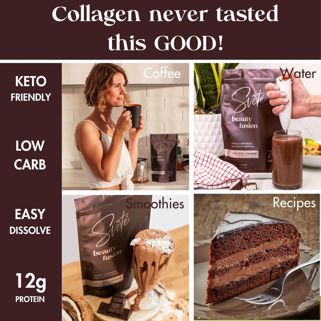 Svete Hydrolyzed Multi Collagen with Vitamins, Biotin, Hyaluronic Acid, CoQ10, Probiotics, Zinc - Keto Chocolate Protein Drink Powder for Women (7 Travel Packs) - Hair, Skin, Beauty Supplement