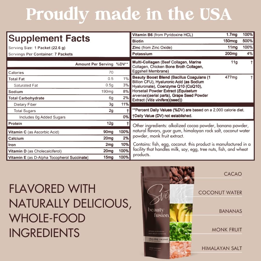 Svete Hydrolyzed Multi Collagen with Vitamins, Biotin, Hyaluronic Acid, CoQ10, Probiotics, Zinc - Keto Chocolate Protein Drink Powder for Women (7 Travel Packs) - Hair, Skin, Beauty Supplement