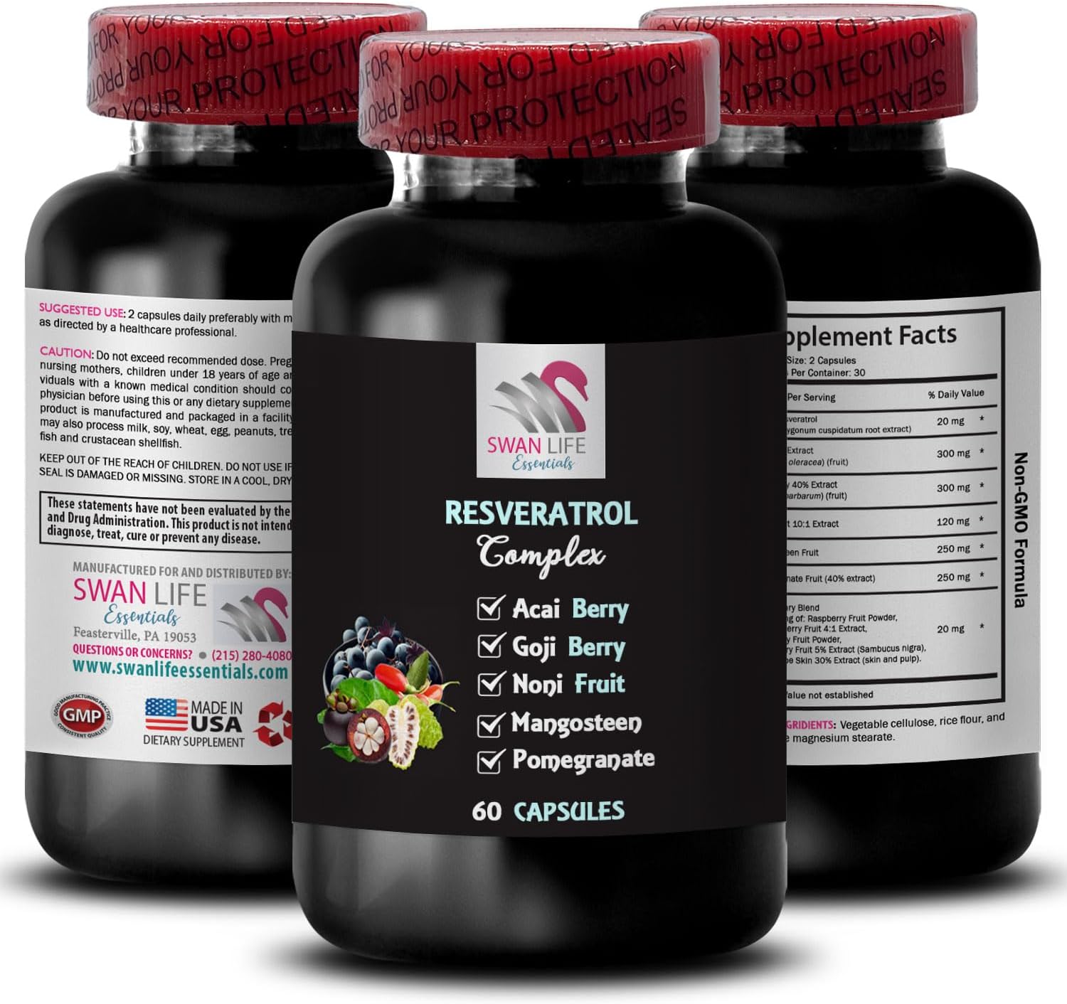 SWAN LIFE ESSENTIALS Resveratrol Complex with Noni Power and Goji Berry - Daily Antioxidant Support - 60 Capsules