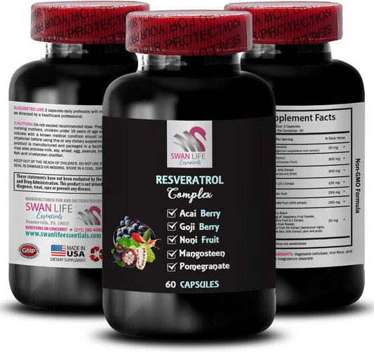 SWAN LIFE ESSENTIALS Resveratrol Complex with Noni Power and Goji Berry - Daily Antioxidant Support - 60 Capsules