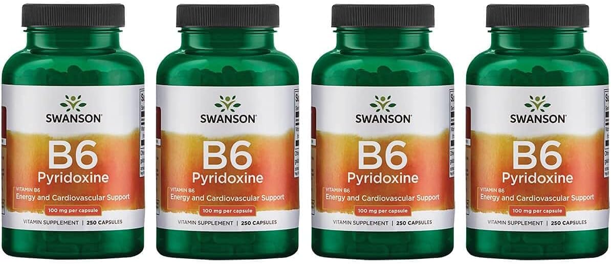 Swanson B6 Pyridoxine Capsules - Cardiovascular and Energy Support Supplement - Natural Wellness Formula - 4 Pack, 100mg, 250 Capsules