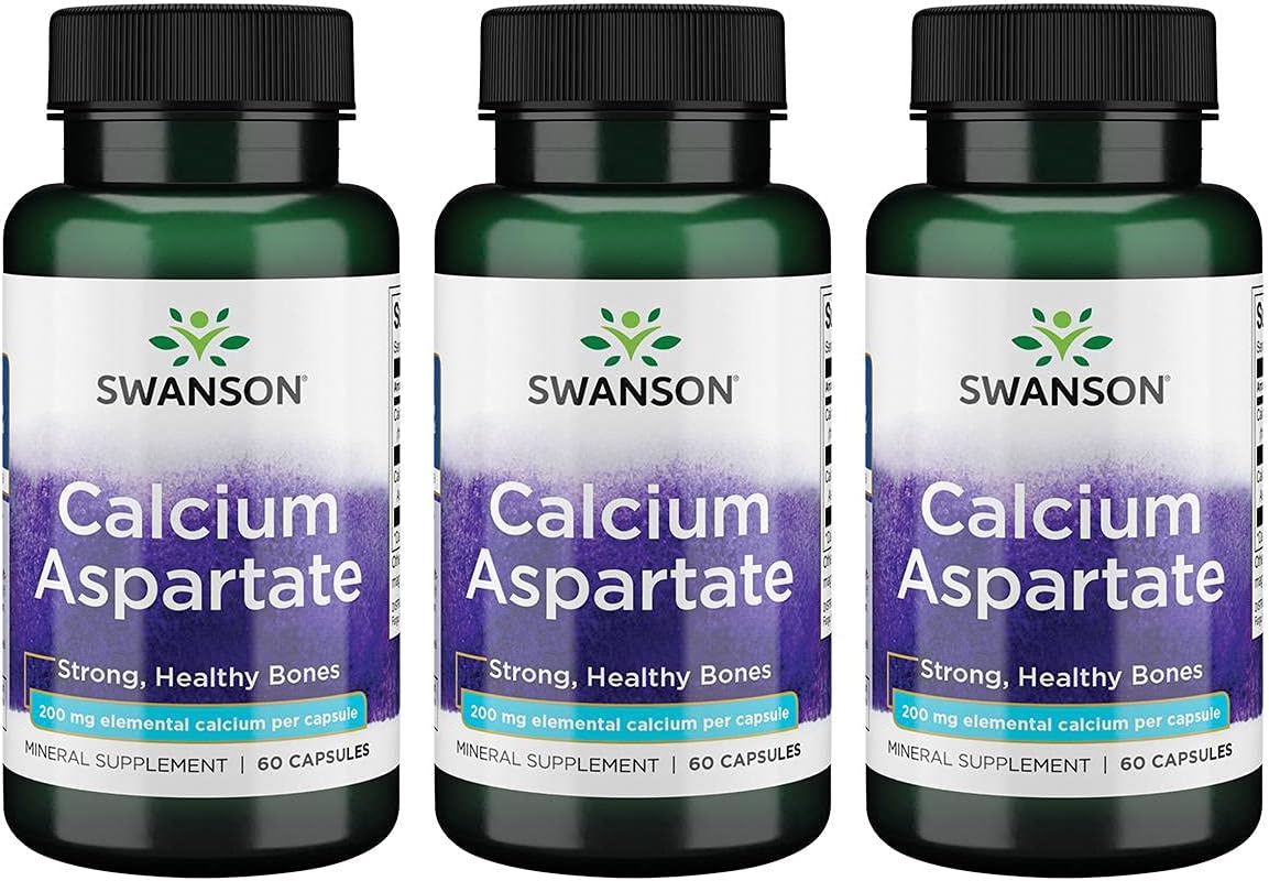 Swanson Calcium Aspartate Capsules - Natural Herbal Supplement for Bone, Heart, & Muscle Health - 60 Capsules x 200mg - Pack of 3
