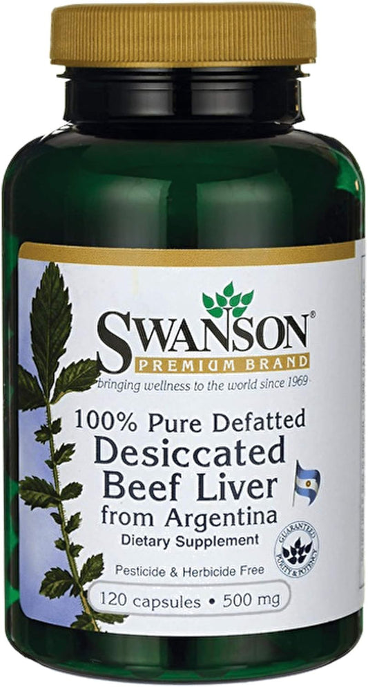Swanson Defatted Desiccated Beef Liver Capsules - 100% Pure, 500mg, 120 Count