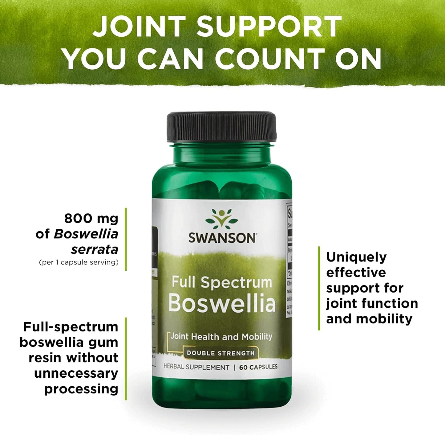 Swanson Double Strength Boswellia Supplement for Joint Support - Ayurvedic Herb for Flexibility & Mobility - 2 Pack of 60 Capsules, 800mg Each