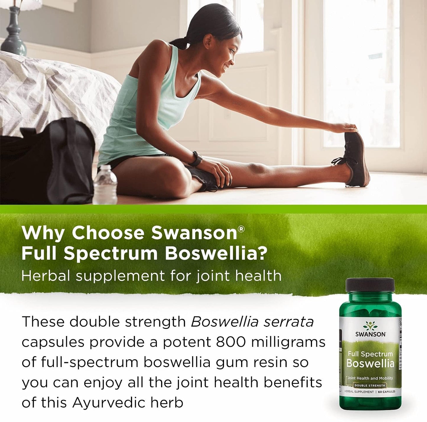 Swanson Double Strength Boswellia Supplement for Joint Support - Ayurvedic Herb for Flexibility & Mobility - 2 Pack of 60 Capsules, 800mg Each