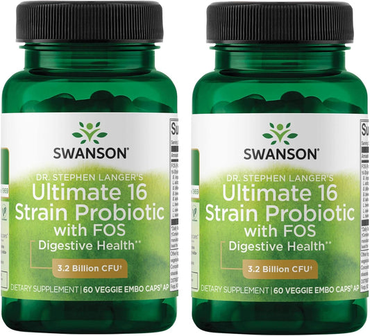 Swanson Dr. Stephen Langer's Formula Natural Probiotic with Prebiotic FOS 16-Strain Supplement 3.2 Billion CFU - 60 Veggie Capsules x 2 Pack