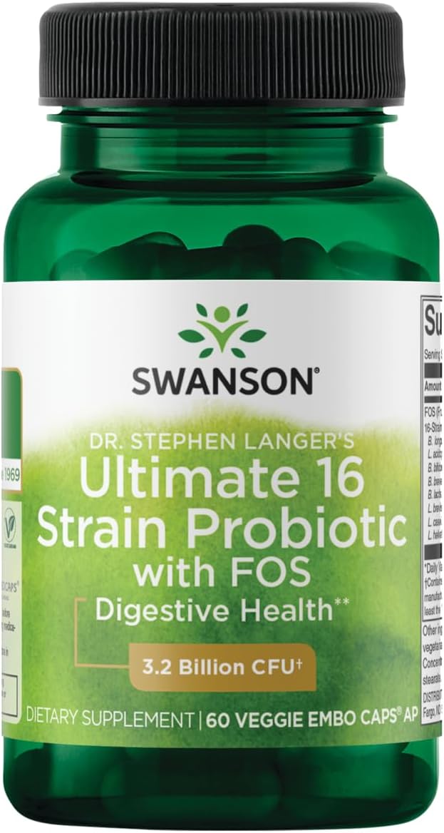 Swanson Dr. Stephen Langer's Natural Probiotic with Prebiotic FOS - 16-Strain Supplement for Digestive Support - 3.2 Billion CFU - 60 Veg Caps