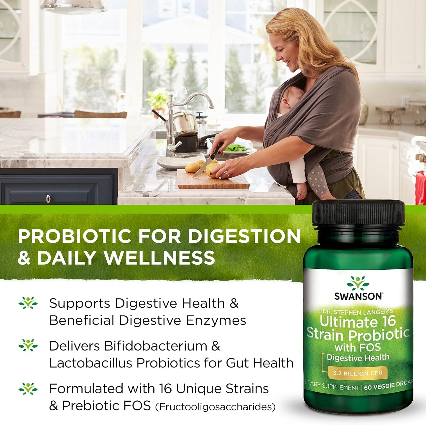 Swanson Dr. Stephen Langer's Natural Probiotic with Prebiotic FOS - 16-Strain Supplement for Digestive Support - 3.2 Billion CFU - 60 Veg Caps