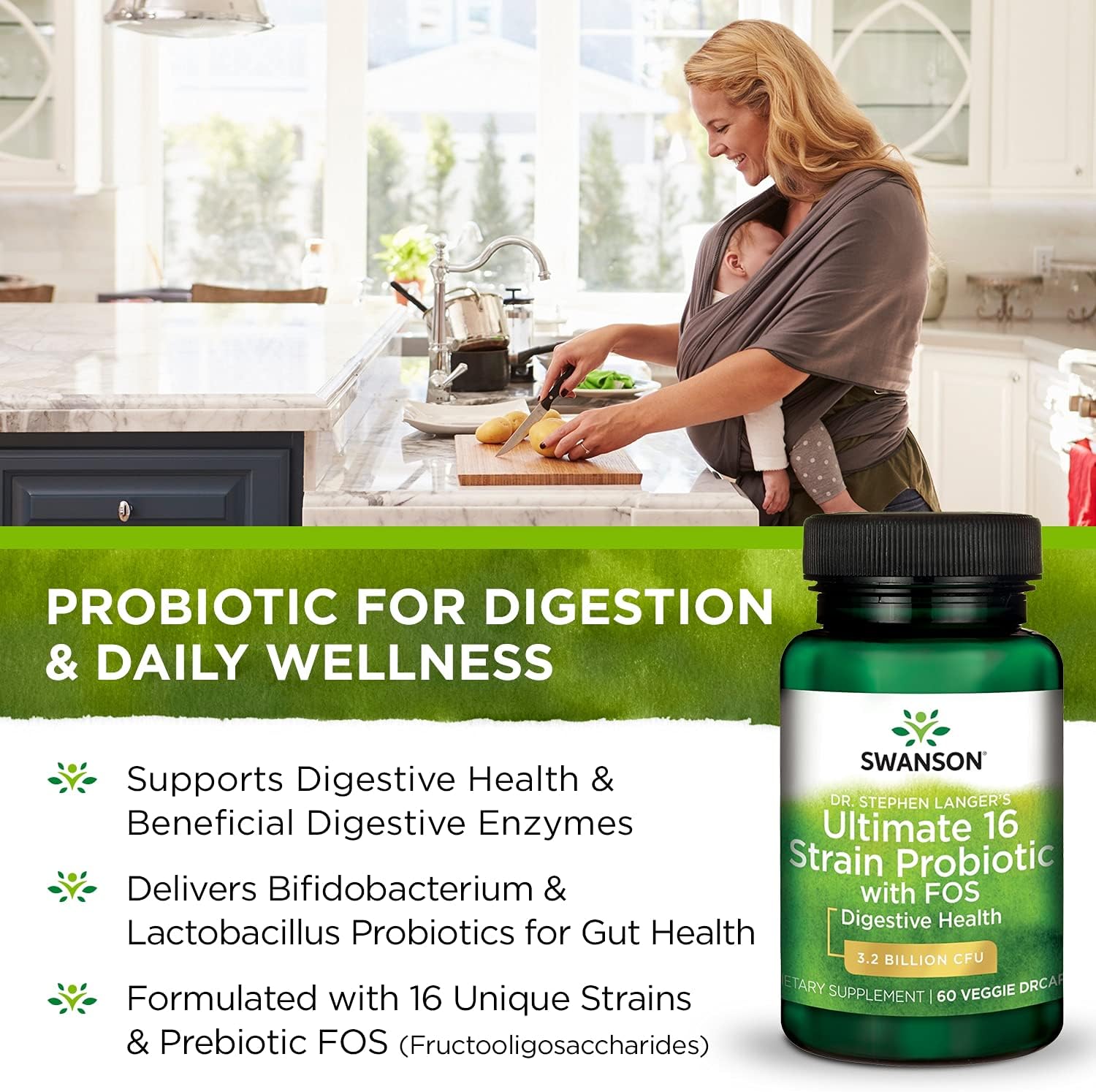 Swanson Dr. Stephen Langer's Natural Probiotic with Prebiotic FOS - 16-Strain Supplement for Digestive Support - 3.2 Billion CFU - 60 Veg Caps