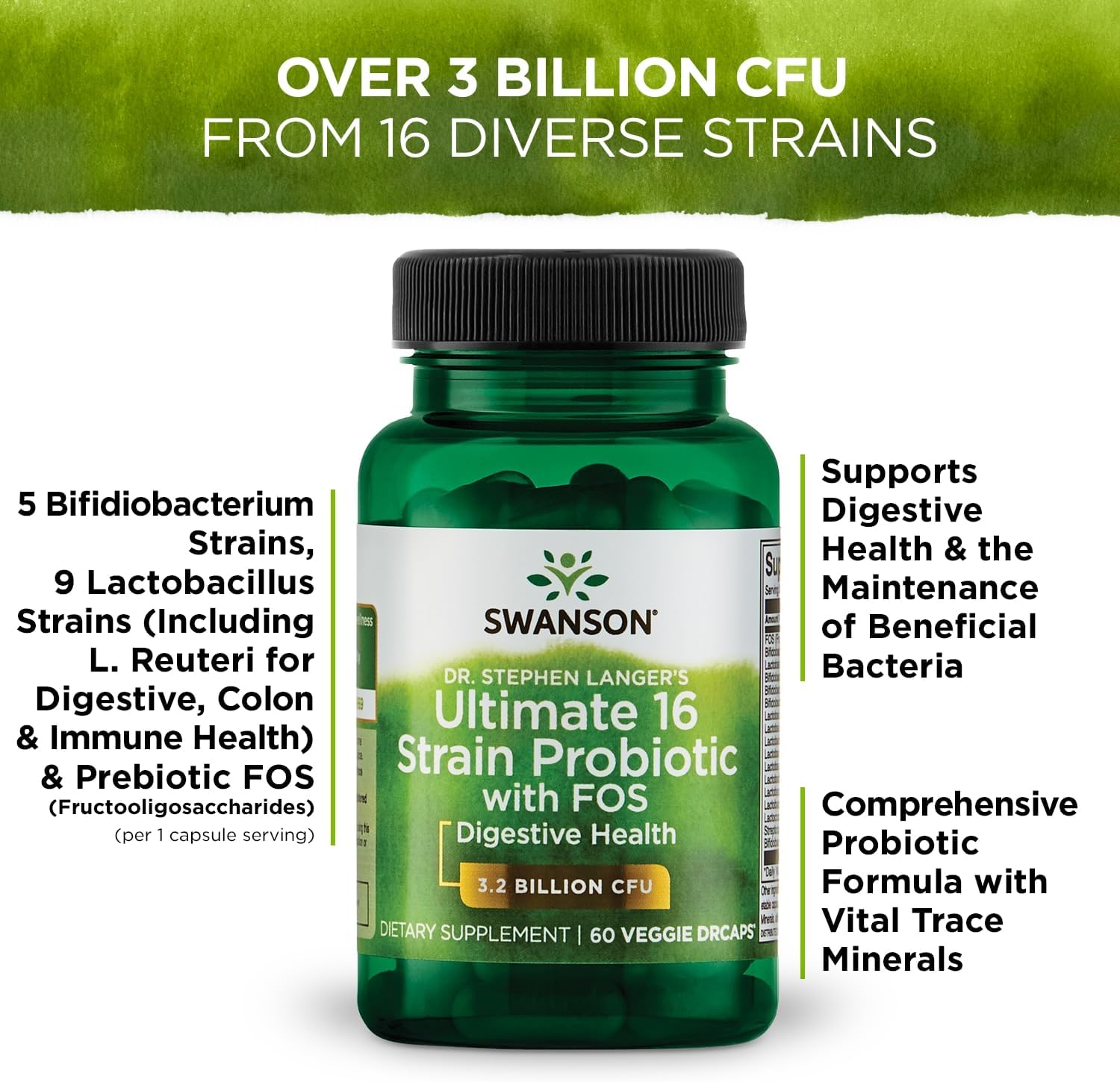 Swanson Dr. Stephen Langer's Natural Probiotic with Prebiotic FOS - 16-Strain Supplement for Digestive Support - 3.2 Billion CFU - 60 Veg Caps