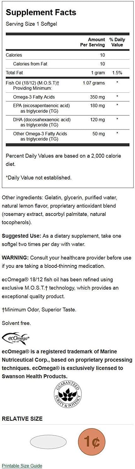 Swanson Ecomega EPA/DHA Fish Oil Softgels 180/120 mg - 120 Count