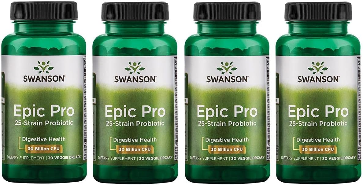 Swanson Epic-Pro 25-Strain Probiotic with 30 Billion CFU, 120 Veggie Caps - Supports Digestive Health and Immune System, Prebiotic Nutraflora FOS Included
