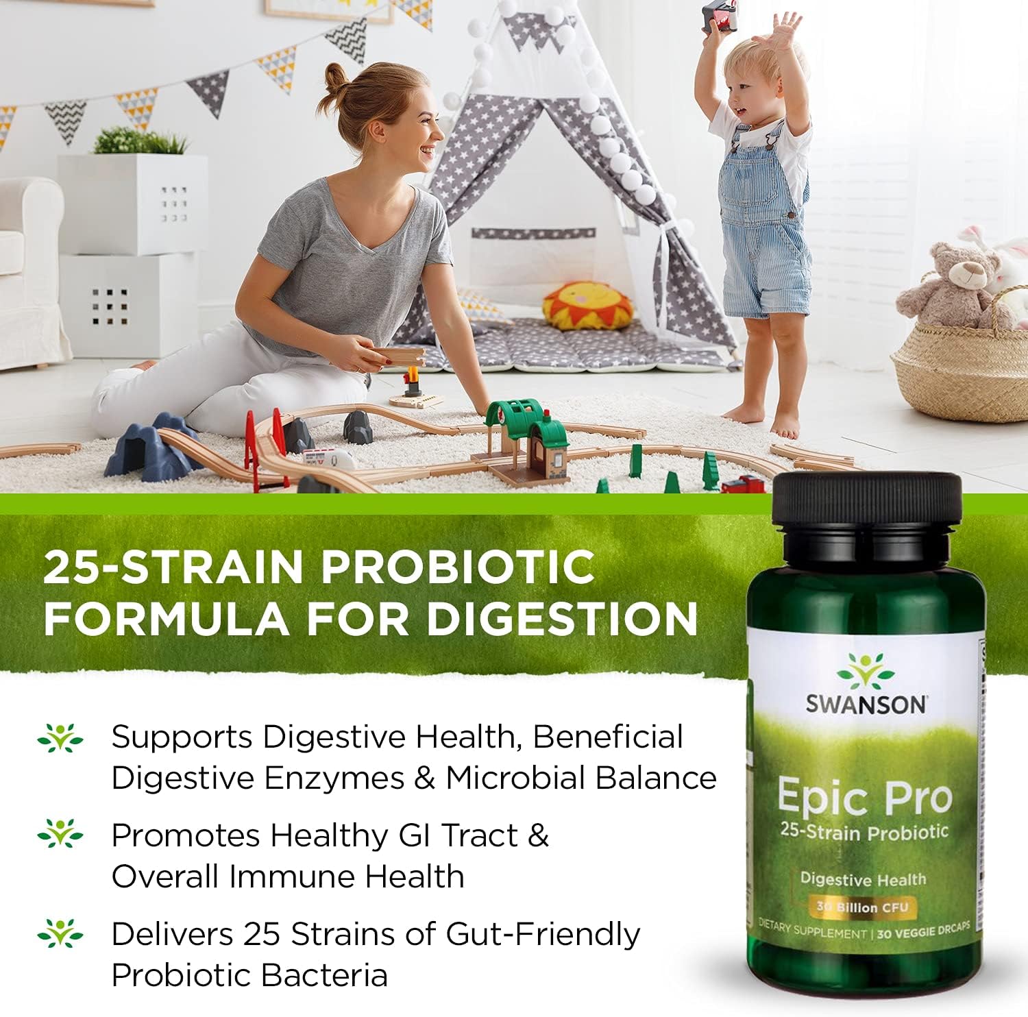 Swanson Epic-Pro 25-Strain Probiotic with 30 Billion CFU, 120 Veggie Caps - Supports Digestive Health and Immune System, Prebiotic Nutraflora FOS Included
