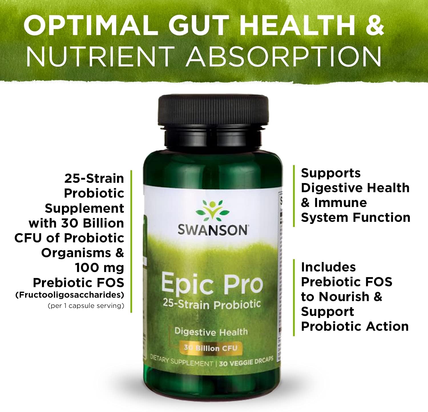 Swanson Epic-Pro 25-Strain Probiotic with 30 Billion CFU, 120 Veggie Caps - Supports Digestive Health and Immune System, Prebiotic Nutraflora FOS Included