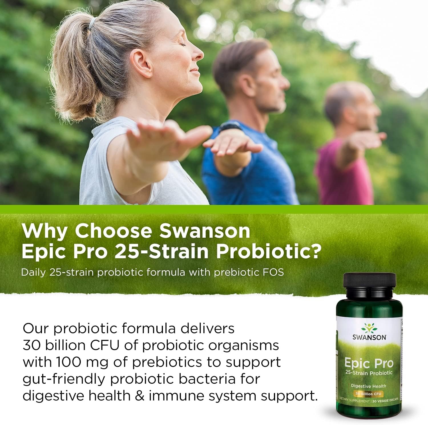 Swanson Epic-Pro 25-Strain Probiotic with 30 Billion CFU, 120 Veggie Caps - Supports Digestive Health and Immune System, Prebiotic Nutraflora FOS Included