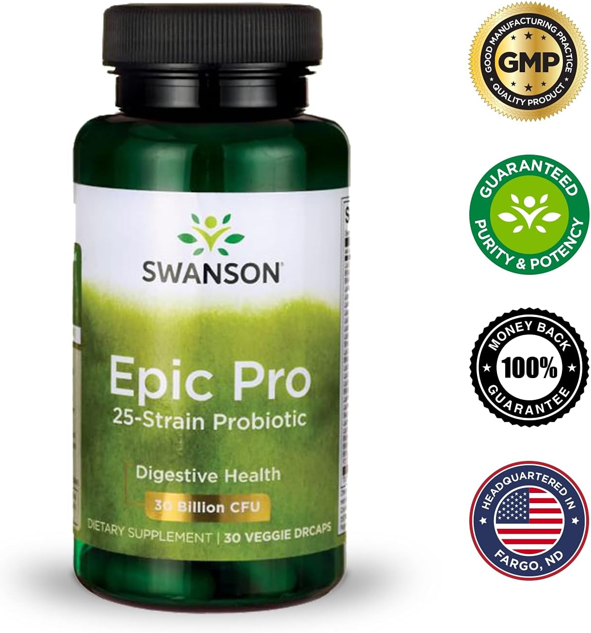 Swanson Epic-Pro 25-Strain Probiotic with 30 Billion CFU, 120 Veggie Caps - Supports Digestive Health and Immune System, Prebiotic Nutraflora FOS Included